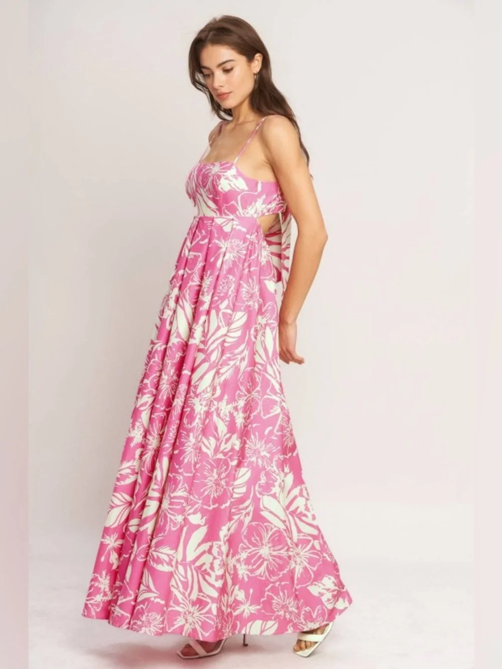 Flying Tomato Pink and Cream Floral Backless Maxi Dress